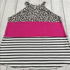 Lilypad Vibrant Pink and Black Leopard Print/Striped Sleeveless Top